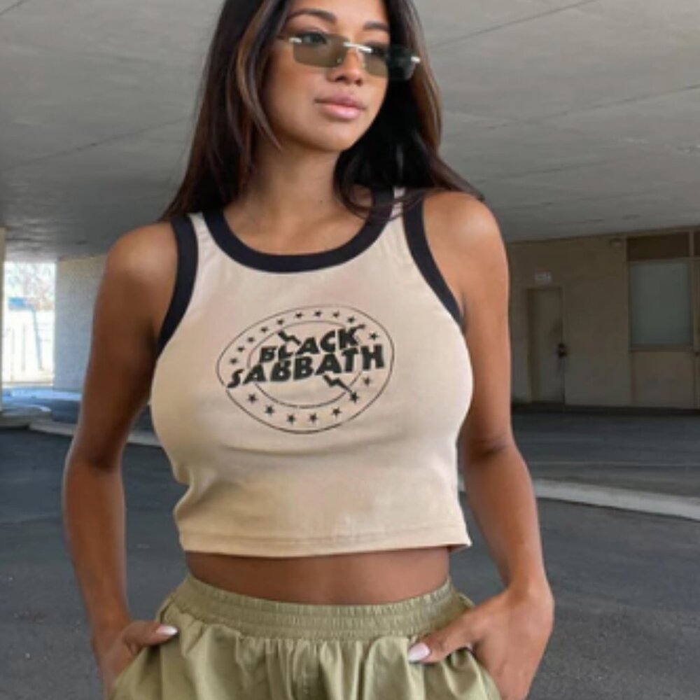 Princess Polly Black Sabbath Tank Top - Black and Tan